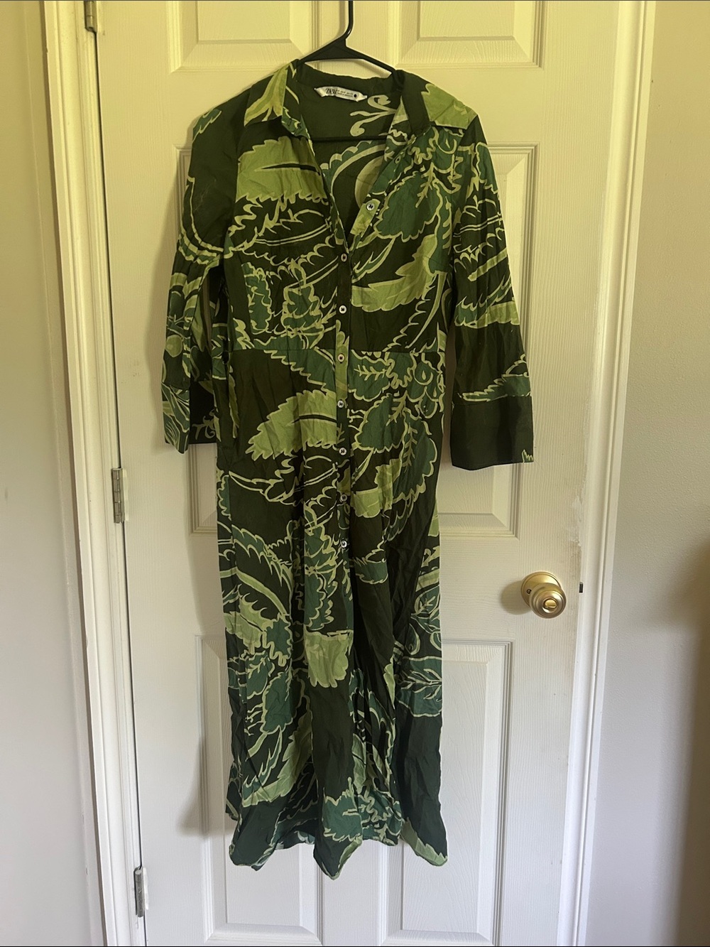 Zara Dark Green and Light Green Printed Button-Front Maxi Jumpsuit
